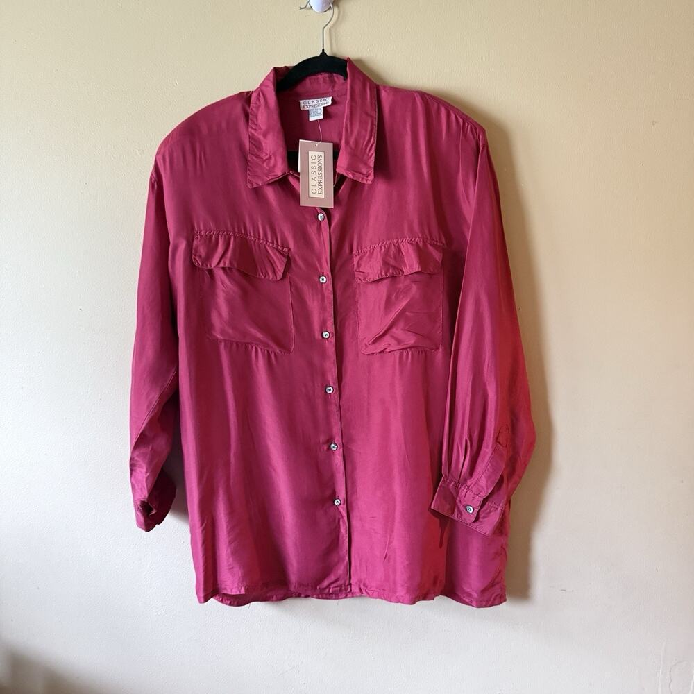 Vintage 90s Workwear Elegance 100% Silk Blouse Women 18 NWT Magenta Quiet Luxury